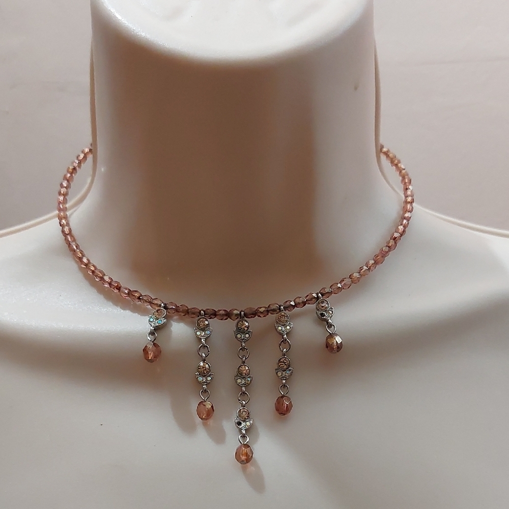 Cognac Amber Colored Beads Beaded Wire Cuff Statement Necklace